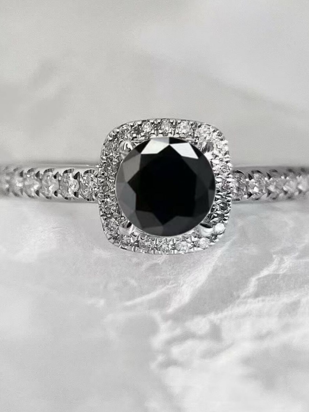 1CT Black Moissanite Halo Ring 925 Sterling Silver Adjustable Pave Set Certified
